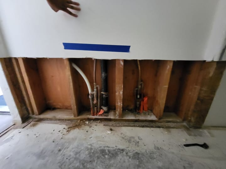 Flood cut demolition in the hall closet, Rancho Cucamonga, CA.