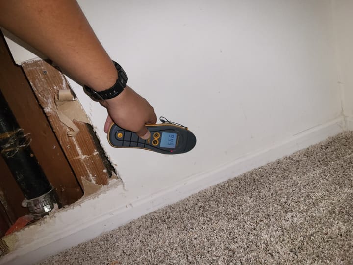 Moisture meter reading taken in the hall closet, Rancho Cucamonga, CA.