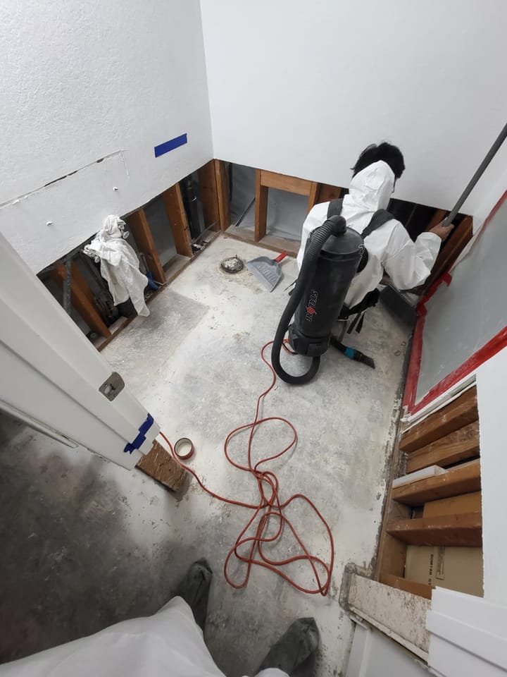 Flood cut demolition in the hall bath, Riverside, CA.