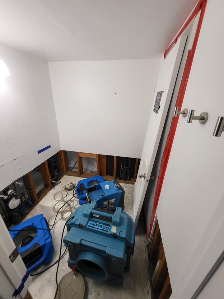 Flood cut demolition in the hall bath, Riverside, CA.