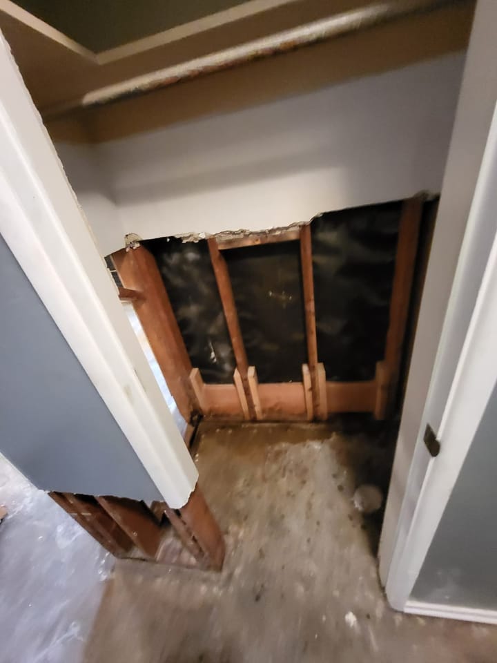 Flood cut demolition in the hallway closet, San Bernardino, CA.