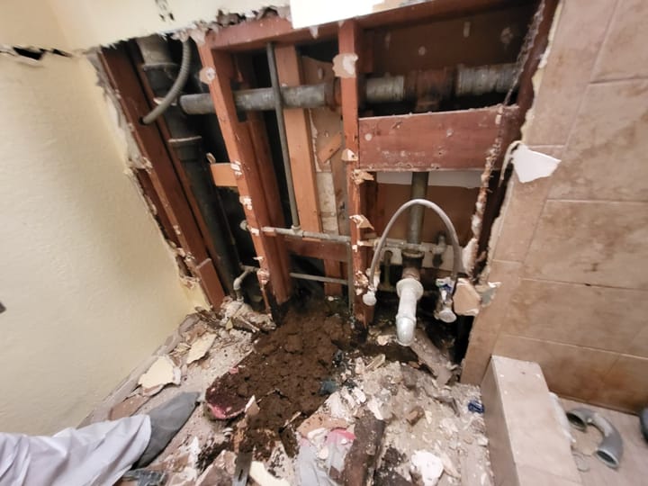 Flood cut demolition in the primary bathroom, San Bernardino, CA.