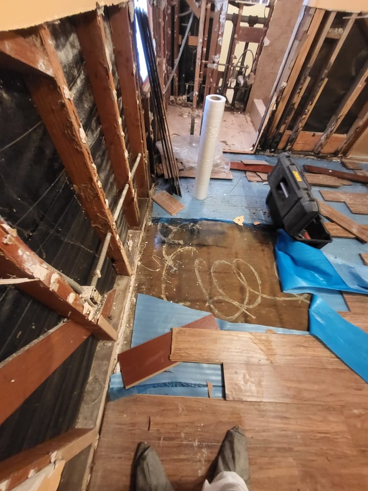 Flood cut demolition in the primary room, San Bernardino, CA.
