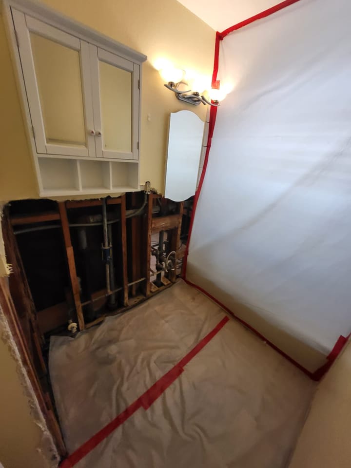 Mold remediation and drying equipment in the hall bath, San Bernardino, CA.
