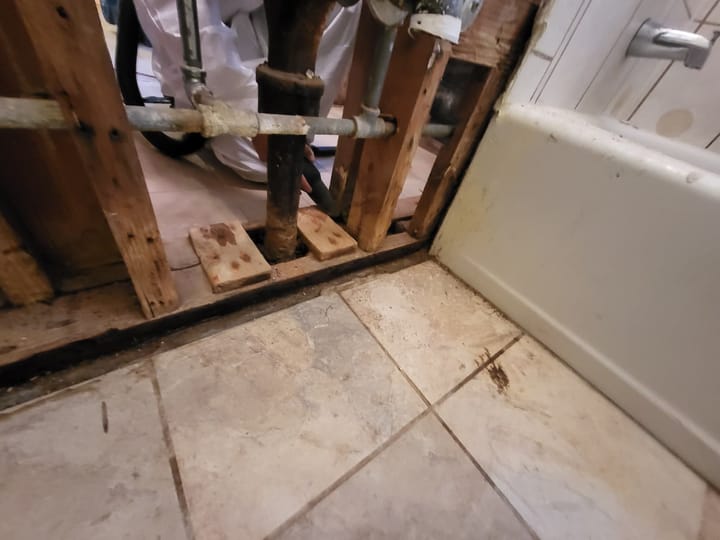 Mold remediation and drying equipment in the hall bath, San Bernardino, CA.