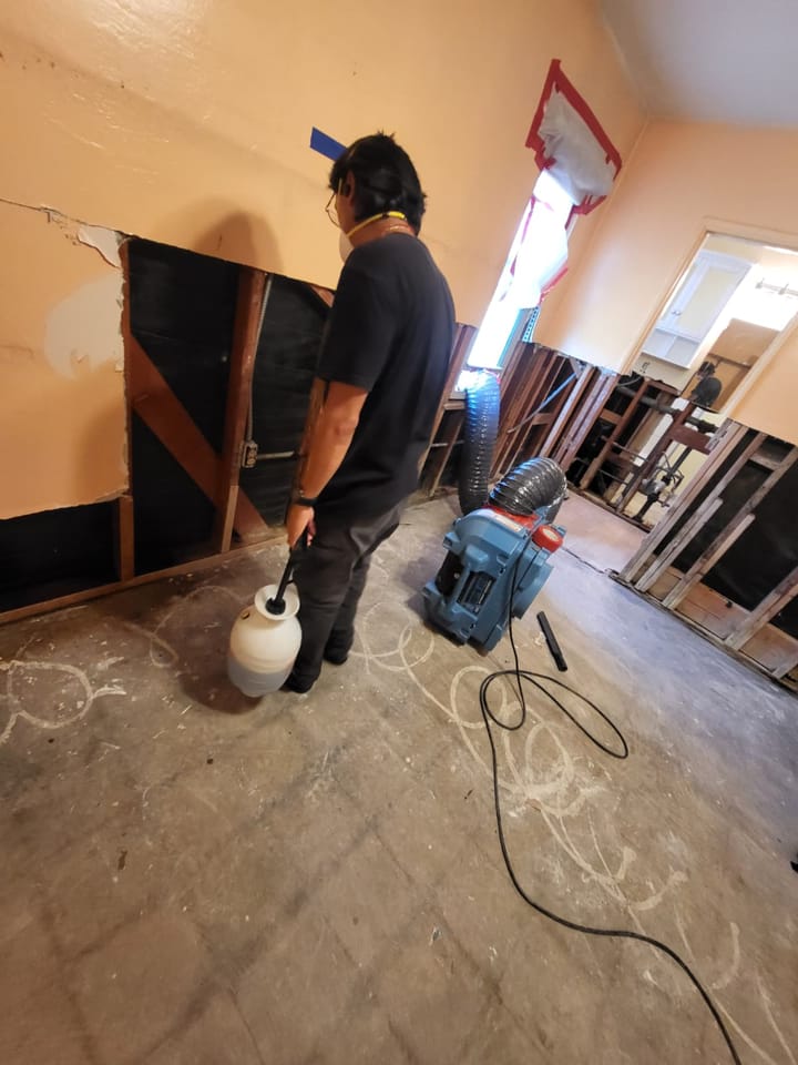 Mold remediation and drying equipment in the master bedroom, San Bernardino, CA.