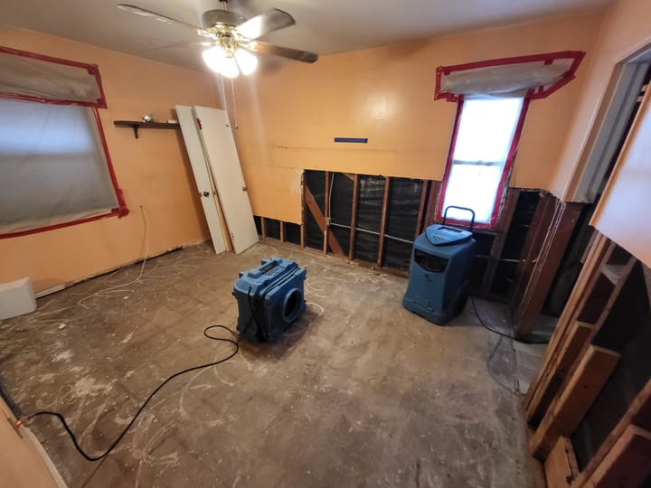 Mold remediation and drying equipment in the master bedroom, San Bernardino, CA.